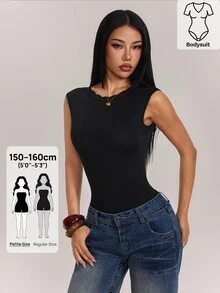 SHEIN PETITE 女款素色圓領蕾絲拼接露背修身無袖連身衣 - 黑色 - 查看 8