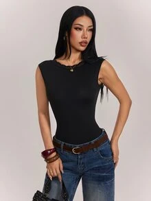 SHEIN PETITE 女款素色圓領蕾絲拼接露背修身無袖連身衣 - 黑色 - 查看 7