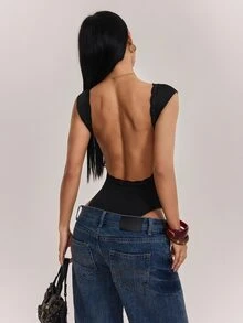 SHEIN PETITE 女款素色圓領蕾絲拼接露背修身無袖連身衣 - 黑色 - 查看 2