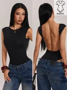 SHEIN PETITE 女款素色圓領蕾絲拼接露背修身無袖連身衣 - 黑色 - 查看 9