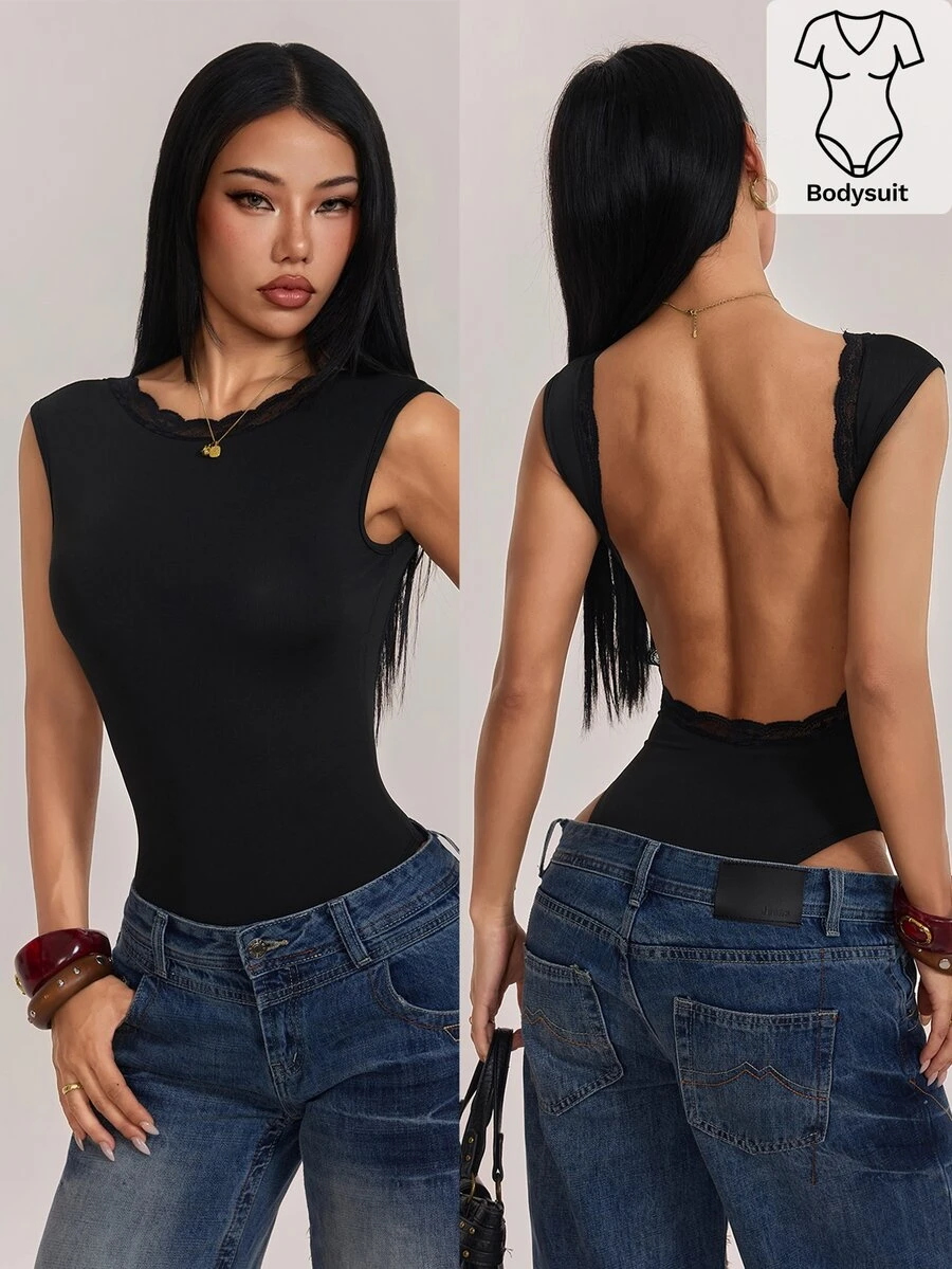 SHEIN PETITE Women's Solid Color Round Neck Lace Patchwork Backless Slim Fit Sleeveless Bodysuit - Black - View 1