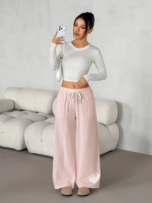 SHEIN PETITE Women's Drawstring Waist Striped Casual Daily Wear Long Pants - Multicolor - View 3