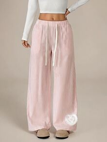 SHEIN PETITE Women's Drawstring Waist Striped Casual Daily Wear Long Pants - Multicolor - View 11