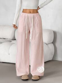 SHEIN PETITE Women's Drawstring Waist Striped Casual Daily Wear Long Pants - Multicolor - View 9