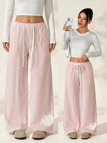 SHEIN PETITE Women's Drawstring Waist Striped Casual Daily Wear Long Pants - Multicolor - View 1