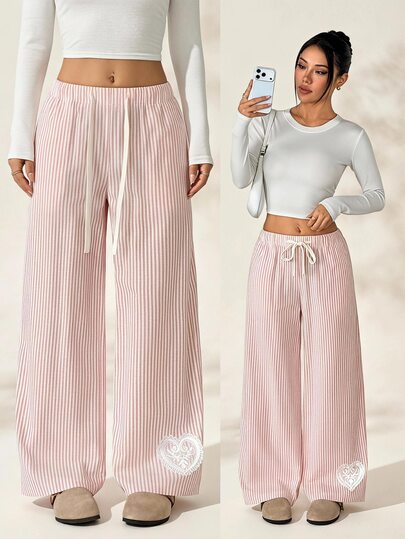 SHEIN PETITE Women's Drawstring Waist Striped Casual Daily Wear Long Pants