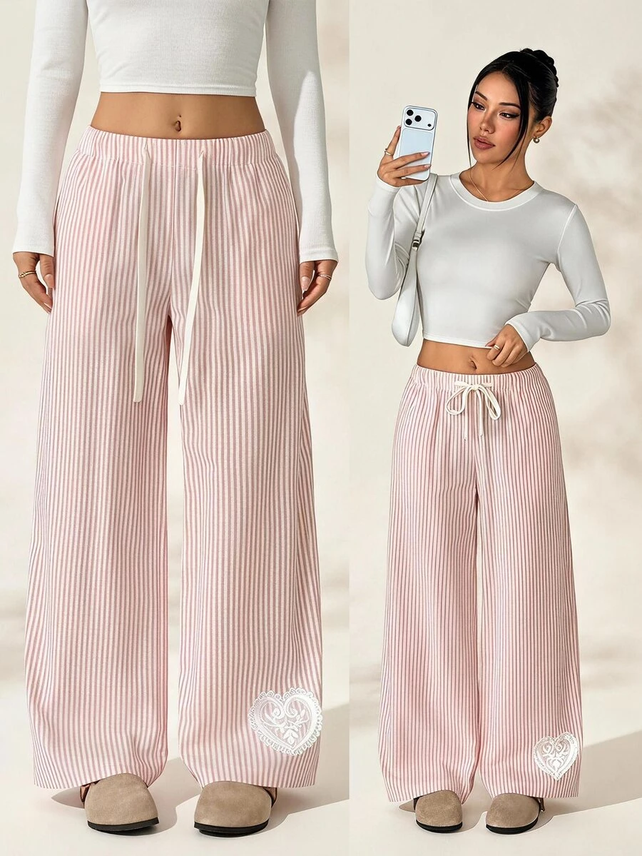 SHEIN PETITE Women's Drawstring Waist Striped Casual Daily Wear Long Pants - Multicolor - View 1