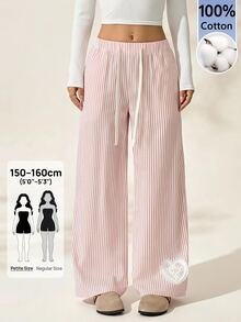 SHEIN PETITE Women's Drawstring Waist Striped Casual Daily Wear Long Pants - Multicolor - View 12