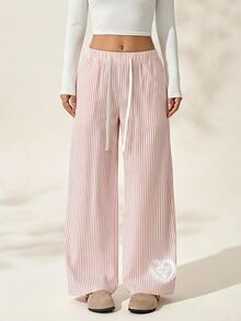 SHEIN PETITE Women's Drawstring Waist Striped Casual Daily Wear Long Pants - Multicolor - View 8