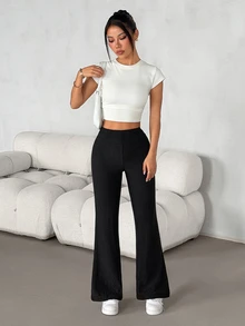 SHEIN PETITE Women's Casual Black Trousers With Pockets, - Black - View 6