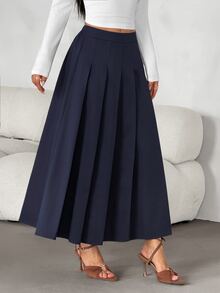 SHEIN PETITE تنورة نسائية بلون موحد مطوية كاجوال متعددة الاستخدامات للارتداء اليومي - أزرق بحري - مشاهدة 7