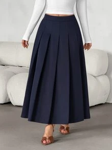 SHEIN PETITE تنورة نسائية بلون موحد مطوية كاجوال متعددة الاستخدامات للارتداء اليومي - أزرق بحري - مشاهدة 5