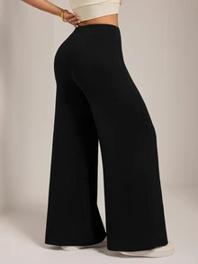 SHEIN PETITE Solid Straight Leg Pants - Black - View 2