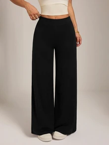 SHEIN PETITE Solid Straight Leg Pants - Black - View 8