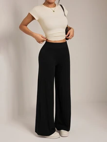 SHEIN PETITE Solid Straight Leg Pants - Black - View 4