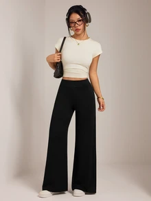 SHEIN PETITE Solid Straight Leg Pants - Black - View 7
