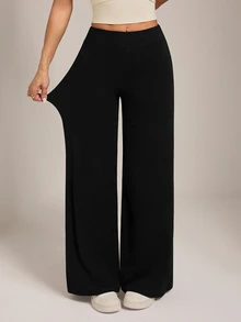SHEIN PETITE Solid Straight Leg Pants - Black - View 5