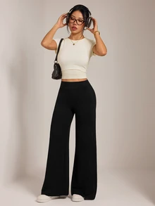 SHEIN PETITE Solid Straight Leg Pants - Black - View 3
