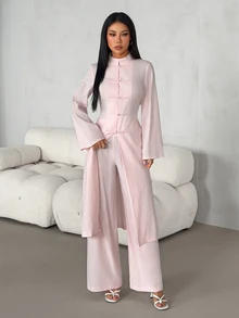 SHEIN PETITE طقم نسائي من قطعتين بلون موحد، ملابس علوية بأكمام طويلة وبنطلون كاجوال للاستخدام اليومي - وردي - مشاهدة 5