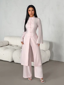 SHEIN PETITE طقم نسائي من قطعتين بلون موحد، ملابس علوية بأكمام طويلة وبنطلون كاجوال للاستخدام اليومي - وردي - مشاهدة 7