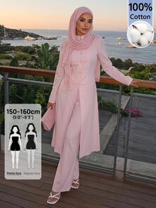 SHEIN PETITE طقم نسائي من قطعتين بلون موحد، ملابس علوية بأكمام طويلة وبنطلون كاجوال للاستخدام اليومي - وردي - مشاهدة 1