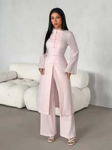 SHEIN PETITE طقم نسائي من قطعتين بلون موحد، ملابس علوية بأكمام طويلة وبنطلون كاجوال للاستخدام اليومي - وردي - مشاهدة 4