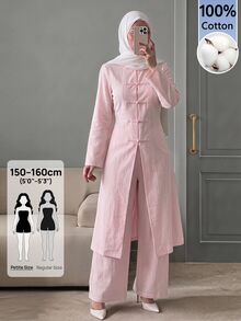 SHEIN PETITE طقم نسائي من قطعتين بلون موحد، ملابس علوية بأكمام طويلة وبنطلون كاجوال للاستخدام اليومي - وردي - مشاهدة 8