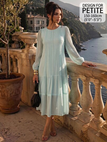 SHEIN PETITE Women's Solid Color Patchwork Petal Sleeve Round Neck Pleated Decor Low Waist Long Dress