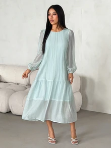SHEIN PETITE فستان طويل للنساء بلون موحد مع تصميم رقعة وأكمام بتلات ورقبة دائرية وزخرفة مطوية وخصر منخفض - ازرق عسكري - مشاهدة 5