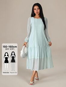 SHEIN PETITE فستان طويل للنساء بلون موحد مع تصميم رقعة وأكمام بتلات ورقبة دائرية وزخرفة مطوية وخصر منخفض - ازرق عسكري - مشاهدة 8