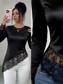 Elenzga Women's Lace Patchwork Fitted Versatile Daily Long Sleeve T-Shirt - Black - View 4