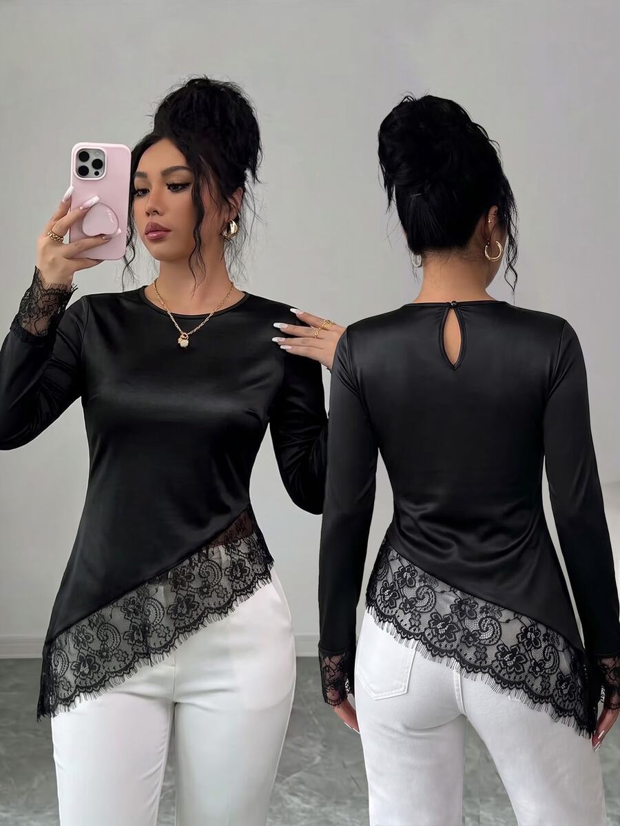 Elenzga Women's Lace Patchwork Fitted Versatile Daily Long Sleeve T-Shirt - Black - View 1