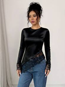 Elenzga Women's Lace Patchwork Fitted Versatile Daily Long Sleeve T-Shirt - Black - View 6