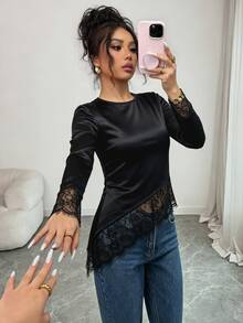 Elenzga Women's Lace Patchwork Fitted Versatile Daily Long Sleeve T-Shirt - Black - View 5