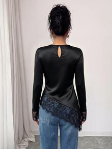 Elenzga Women's Lace Patchwork Fitted Versatile Daily Long Sleeve T-Shirt - Black - View 2