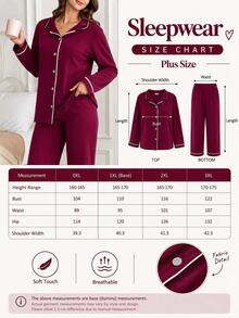 SHEIN Cottnline Klassiskt pyjamasset i plus size med knäppning fram – mjuk långärmad topp och bekväma raka långbyxor för hemmabruk - Bourgogne - Visa 2