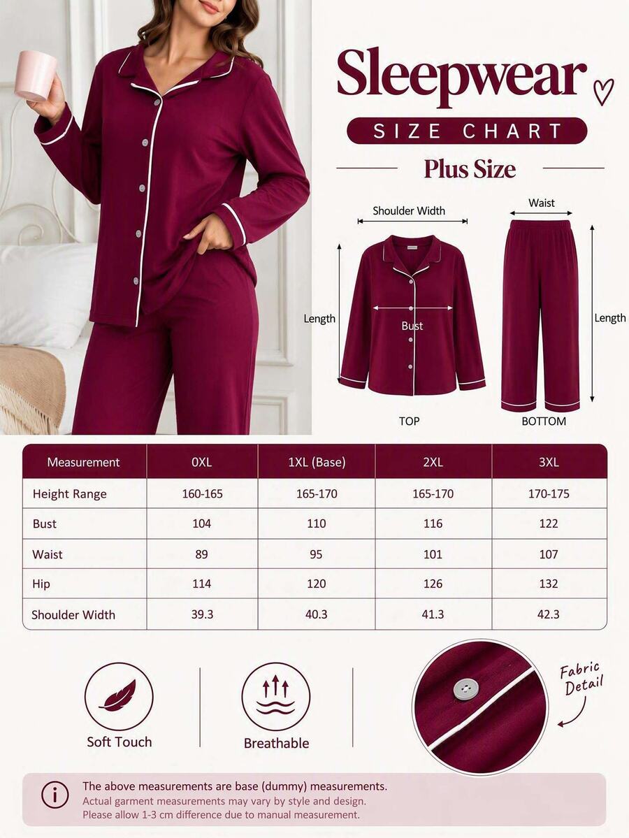 SHEIN Cottnline Klassiskt pyjamasset i plus size med knäppning fram – mjuk långärmad topp och bekväma raka långbyxor för hemmabruk