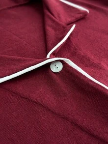 SHEIN Cottnline Klassiskt pyjamasset i plus size med knäppning fram – mjuk långärmad topp och bekväma raka långbyxor för hemmabruk - Bourgogne - Visa 7