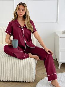 SHEIN طقم بيجاما كلاسيكي بأزرار أمامية – ملابس علوية ناعم بأكمام طويلة & بنطال مريح بساق مستقيمة ملابس منزلية - عنابي اللون - مشاهدة 4