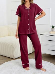 SHEIN طقم بيجاما كلاسيكي بأزرار أمامية – ملابس علوية ناعم بأكمام طويلة & بنطال مريح بساق مستقيمة ملابس منزلية - عنابي اللون - مشاهدة 6