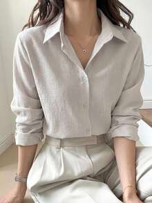 DAZY Women's Striped Single-Breasted Casual Loose Long Sleeve Shirt - Apricot - View 8