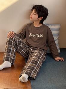 Dazy Kids 青少年男孩字母印花長袖上衣與格紋長褲居家休閒套裝 - 棕色 - 查看 2