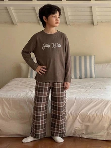 Dazy Kids 青少年男孩字母印花長袖上衣與格紋長褲居家休閒套裝 - 棕色 - 查看 4
