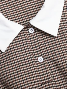 SHEIN 青少年女孩休閒通勤對比色 Polo 領修身寬鬆半開襟拼接 A 字裙擺荷葉邊飾精緻小 Logo 刺繡棕色梭織格紋長袖泡泡袖娃娃領拼色洋裝 返校季卡其色萬聖節 - 卡其色 - 查看 4