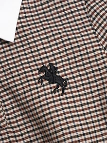 SHEIN 青少年女孩休閒通勤對比色 Polo 領修身寬鬆半開襟拼接 A 字裙擺荷葉邊飾精緻小 Logo 刺繡棕色梭織格紋長袖泡泡袖娃娃領拼色洋裝 返校季卡其色萬聖節 - 卡其色 - 查看 3