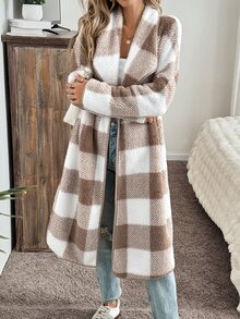 SHEIN LUNE 秋冬季女士中长款常规休闲格子针织夹克 - 杏色 - 查看 5