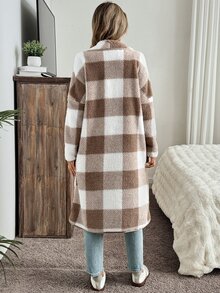 SHEIN LUNE 秋冬季女士中长款常规休闲格子针织夹克 - 杏色 - 查看 2