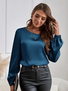 SHEIN LUNE 长袖衬衫，女士圆领长袖优雅粉色衬衫 - 水鴨藍 - 查看 3