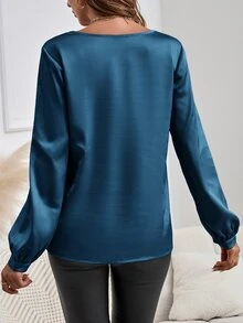 SHEIN LUNE 长袖衬衫，女士圆领长袖优雅粉色衬衫 - 水鴨藍 - 查看 2