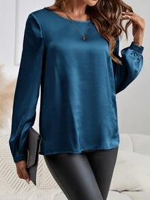 SHEIN LUNE 长袖衬衫，女士圆领长袖优雅粉色衬衫 - 水鴨藍 - 查看 4